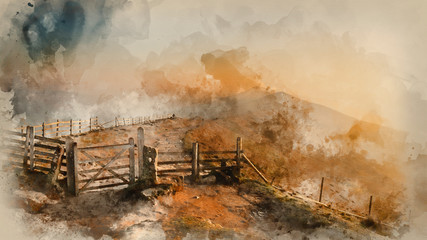 Fototapeta na wymiar Digital watercolour painting of Stunning Winter sunrise landscape image of The Great Ridge in the Peak District in England with a cloud inversion and mist