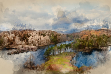 Digital watercolour painting of Stunning evening landscape image of Tarn Hows in UK Lake District during Spring
