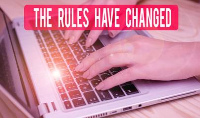 Text sign showing The Rules Have Changed. Business photo text the agreement or Policy has a new set of comanalysisds woman laptop computer smartphone mug office supplies technological devices
