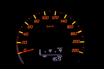 Close up of car speedometer with the needle pointing at  0 kmp