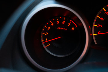 Close up of car speedometer with the needle pointing at  1 krpm