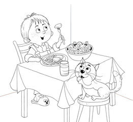 My day. Schedule. Cute little boy's day. Coloring book. Coloring page. Illustration for children. Cute and funny cartoon characters