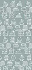 Set of vector cakes with cream or fruits, Illustration on white  background in hand drawn doodle style.Great for web page background, wrapping paper, cards,notebook and invitation