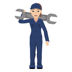 female young mechanic worker lifting wheel