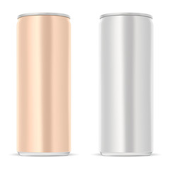 Slim aluminum can. Juice drink tin mockup isolated. Energy beverage jar template. Metal container design for water, cold beer or soda. Stainless steel realistic product package. Lemonade