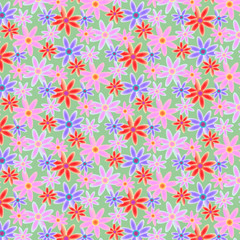 Blue and pink delicate flowers on a pale green background.Vector illustration. Pattern.