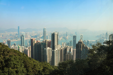Fototapeta na wymiar Hong Kong city skyline from the Victoria peak with blue sky