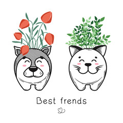 House plant in a pot with a muzzle of the animal. Cute muzzle on the pot. Cat and dog are best friends