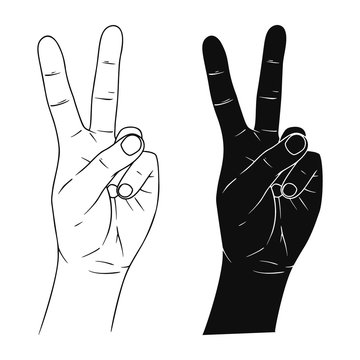 Hand sign victory or peace and scissors. Vector illustration in sketch style