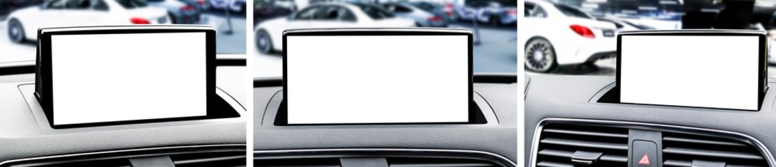 Set of Monitor in car with isolated blank screen use for navigation maps and GPS. Isolated on white...