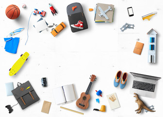 Scattered things on the floor, a concept on the theme of youth and education