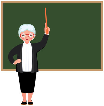 Character elderly teacher standing at the blackboard vector illustration