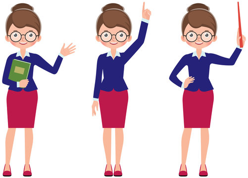 Set of cartoon woman teacher in different poses Stock vector Illustration  Stock Vector | Adobe Stock