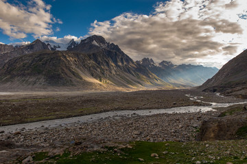 landscape with mountains and clouds during sunset at spiti valley
