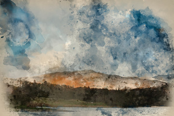 Plakat Digital watercolour painting of Stunning landscape image of countryside around Rydal Water in UK Lake District