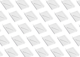 Notebook, diary with pen pattern on white background, top view