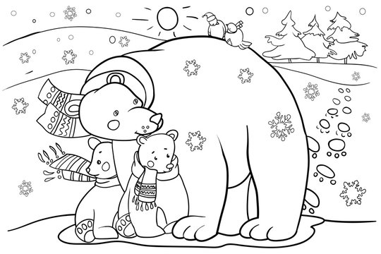 Polar bear with cubs, cartoon character, coloring book for children, design for New Year and Christmas holidays, raster copy