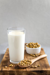soy milk in a glass and soybeans on the table on a gray background. Vegetable milk, vegetarian...
