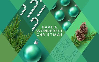 Merry Christmas background pattern in greens with festive decorations in shapes and patterns. Vector illustration.