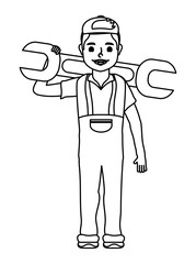 young mechanic worker lifting wrench
