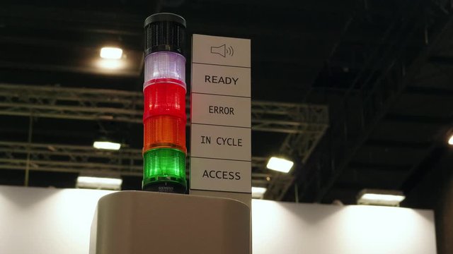 Warning light alarm in cycle blinking for machine working on manufacture. Blinker unit with green color access, orange in cycle, red error, white ready, black sound icon sign. Lighting cycling signal
