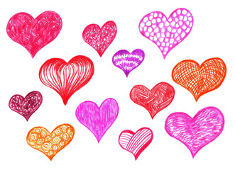 Hand drawn set pink, red, orange, purple hearts. Drawing with colored pencils for Valentine's Day decor,the holiday of all lovers, weddings, invitations, cards, stickers, prints.