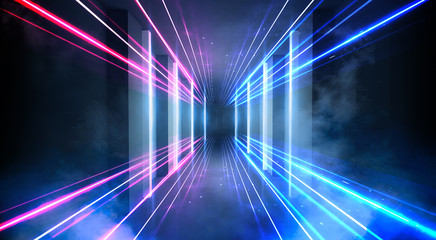 Abstract blue background with neon rays. Abstract light tunnel, corridor, portal. Rays of neon light in the dark, neon shapes, smoke. Symmetric reflection. 3D rendering.