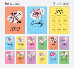 Fototapeta na wymiar calendar 2020 template with Cute Pig cartoon vector illustration , calendar 2021, Chinese desk calendar, Lettering calendar, hand drawn pigs, Set of 12 Months, Week starts Sunday, cover design