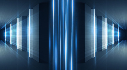 Abstract blue background with neon rays. Abstract light tunnel, corridor, portal. Rays of neon light in the dark, neon shapes, smoke. Symmetric reflection. 3D rendering.