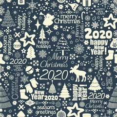 Christmas seamless pattern with holiday inscriptions and elements