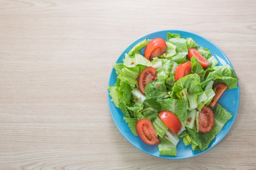 Delicious and healthy fresh organic tomato and romaine lettuce salad with vinaigrette dressing sauce on a wooden surface