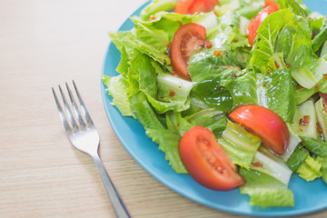 Delicious and healthy fresh organic tomato and romaine lettuce salad with vinaigrette dressing sauce on a wooden surface