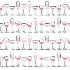 Vector seamless pattern with rdifferent wine glasses stand in row on white background. For packaging design, advertisement background, banners, tags, stickers, posters, decor etc.