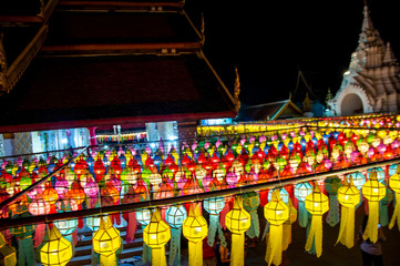 Fototapeta premium beautiful colorful lantern hang in wat during Loy Kratong festival