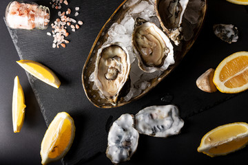 Opened Oysters on plate with lemon and pink salt on dark background. Fresh oysters close-up top view