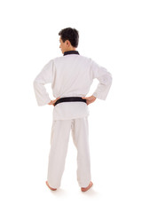 Tae-kwon-do champion pose, back shot portrait