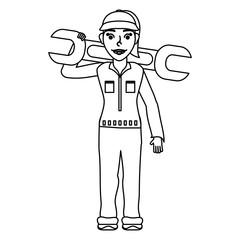 female young mechanic worker lifting wheel