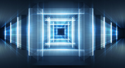 Abstract blue background with neon rays. Abstract light tunnel, corridor, portal. Rays of neon light in the dark, neon shapes, smoke. Symmetric reflection. 3D rendering.