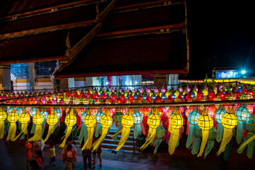 Obraz na płótnie Canvas beautiful colorful lantern hang in wat during Loy Kratong festival