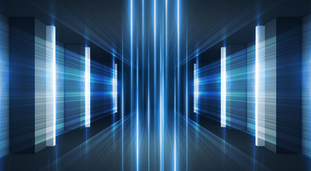 Abstract blue background with neon rays. Abstract light tunnel, corridor, portal. Rays of neon light in the dark, neon shapes, smoke. Symmetric reflection. 3D rendering.