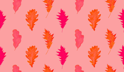 Fototapeta na wymiar Oak red leaves, hand painted watercolor illustration, seamless pattern design on soft pink background