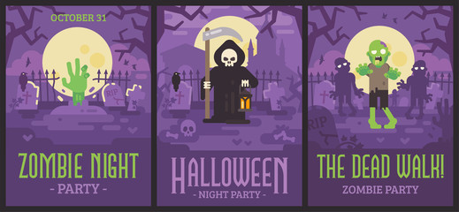 Three Halloween posters with graveyard scenes. Halloween flyers with zombies and Grim Reaper