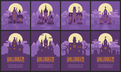 Four Halloween houses and flyers. Witch hut, Vampire castle, Haunted house and Graveyard chapel. Spooky Halloween backgrounds and posters