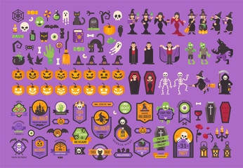 Big set of Halloween elements and characters. Flat Halloween illustration collection
