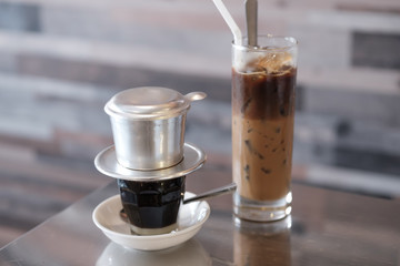 Hot milk coffee dripping and iced coffee in Vietnam style.