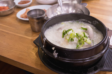 Traditional samgyetang, chicken soup with ginseng, Korean food.