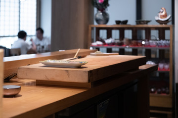 Counter top of a Japanese chef at an Omakase sushi restaurant.