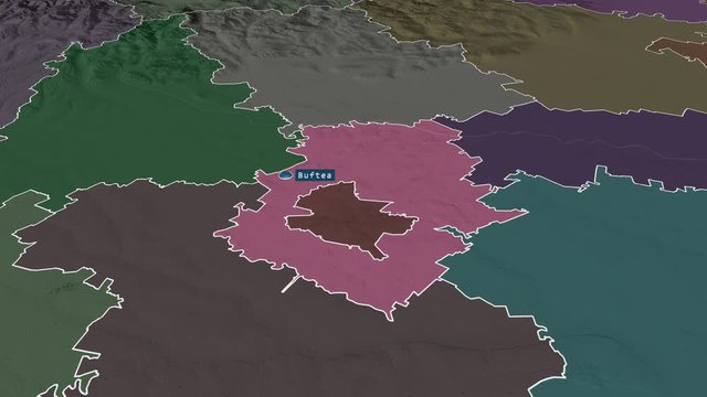 Ilfov - county of Romania with its capital zoomed on the administrative map of the globe. Animation 3D