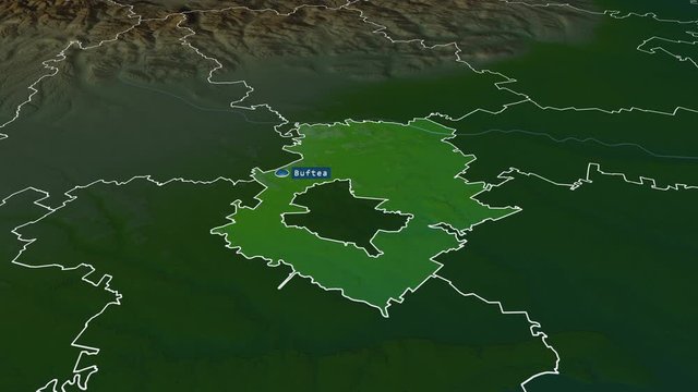 Ilfov - county of Romania with its capital zoomed on the physical map of the globe. Animation 3D