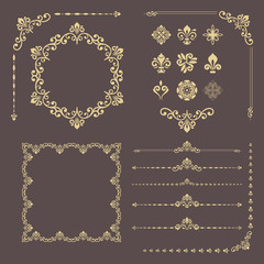 Vintage golden set of horizontal, square and round elements. Different elements for design, frames, cards, menus, backgrounds and monograms. Classic patterns. Set of vintage patterns